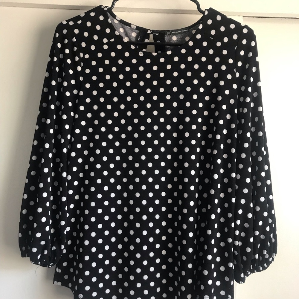 ADRIANNA PAPELL Womens Black white Polka Dot Blouse